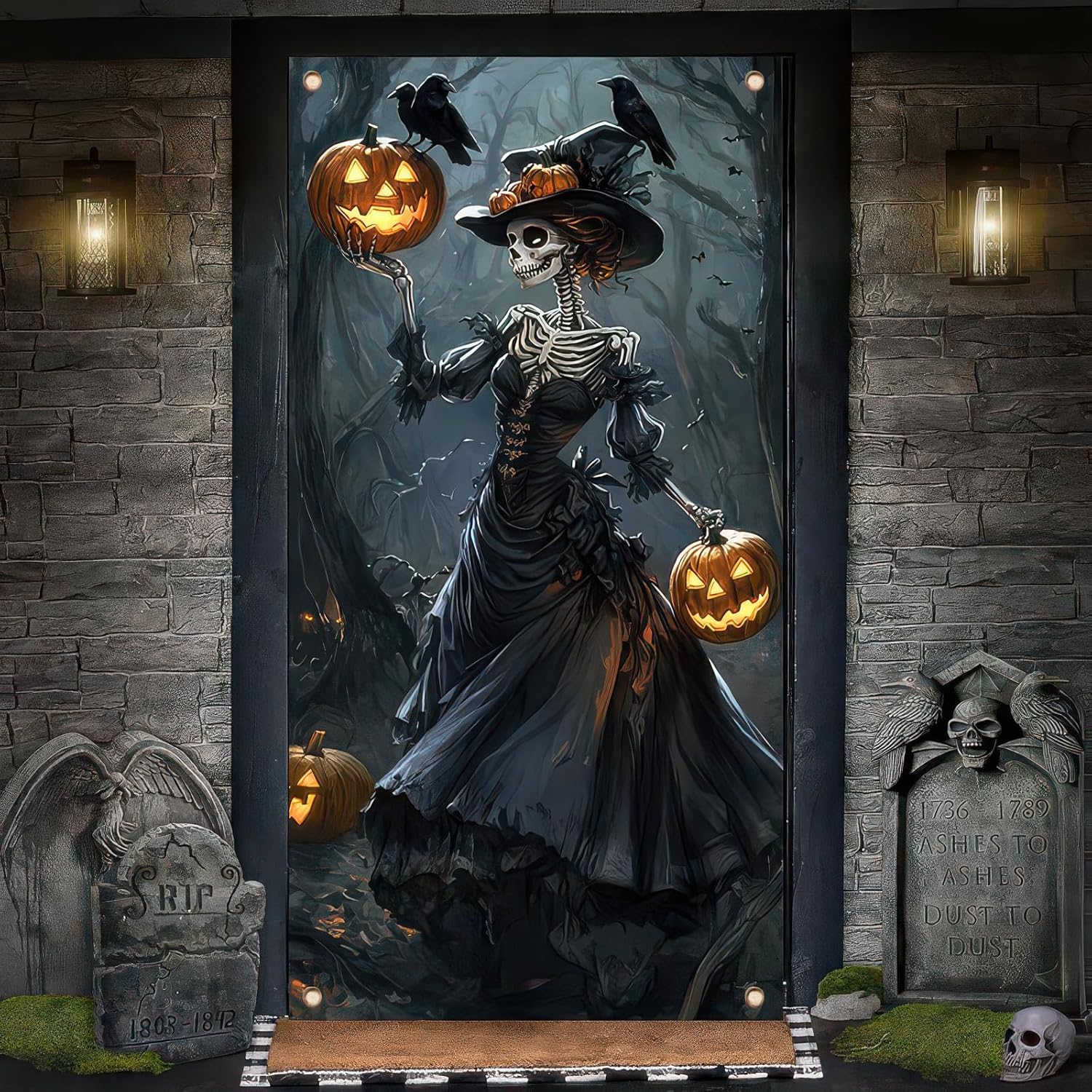 Skeleton Witch Halloween Door Cover 35x71 Inch