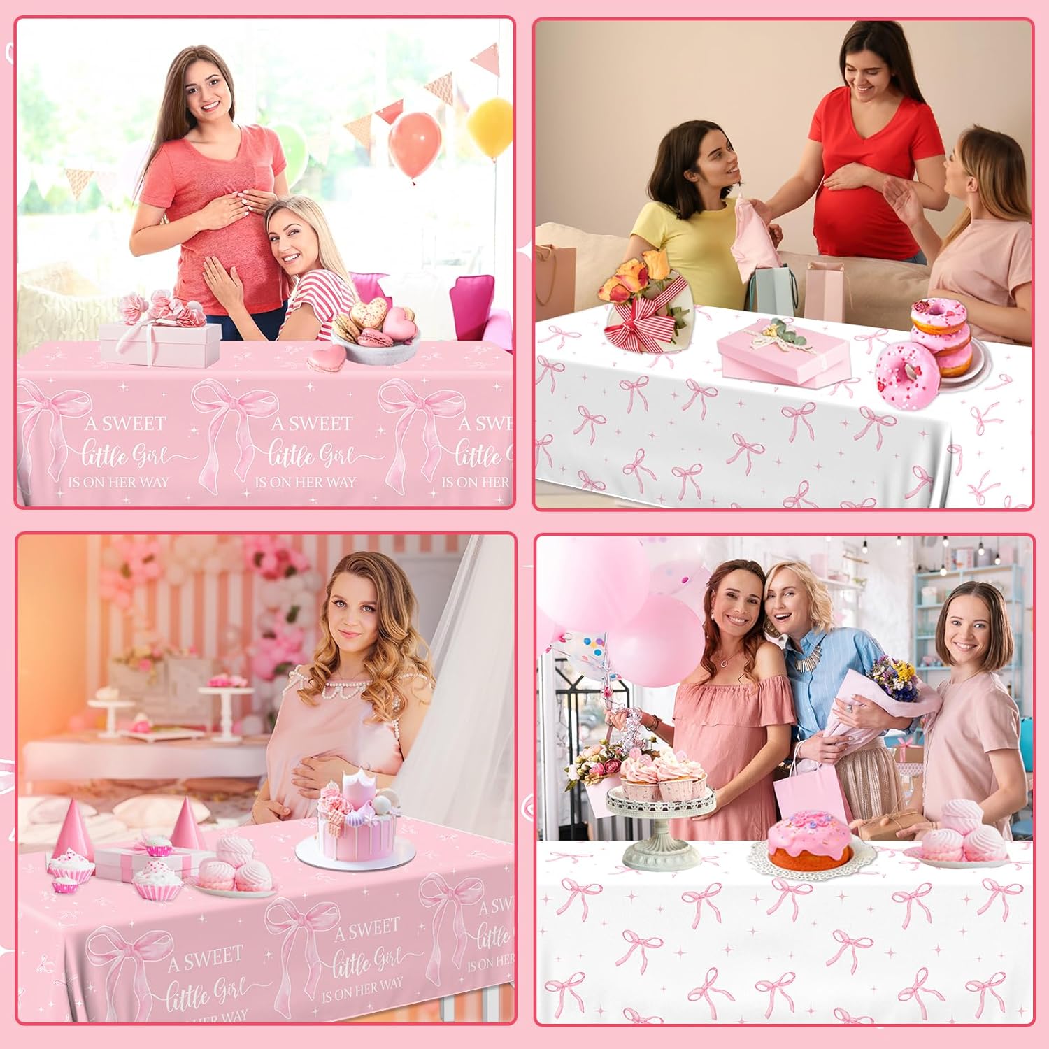 2Pcs Pink Bow Baby Shower Tablecloths for Girl Parties