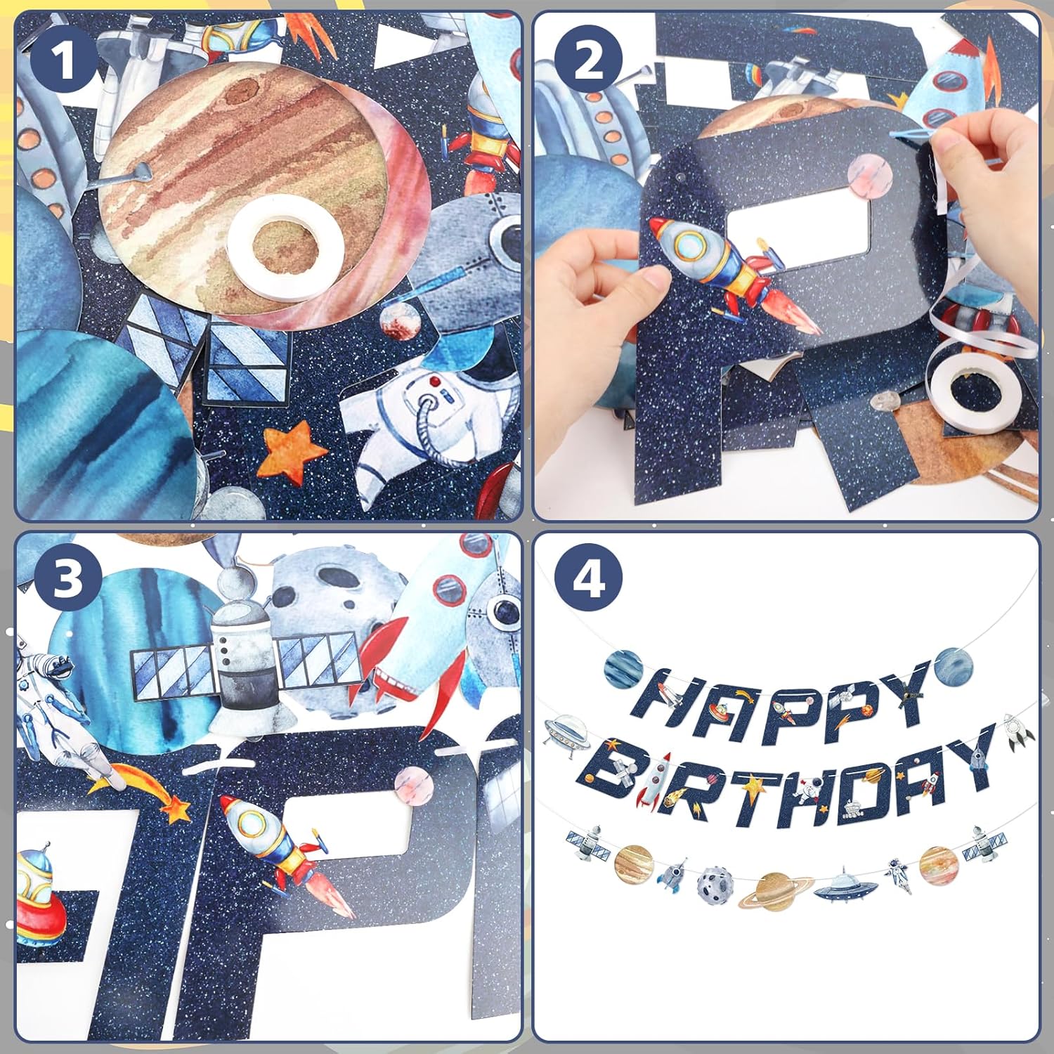 Universe Space Birthday Banner with Planets Rockets