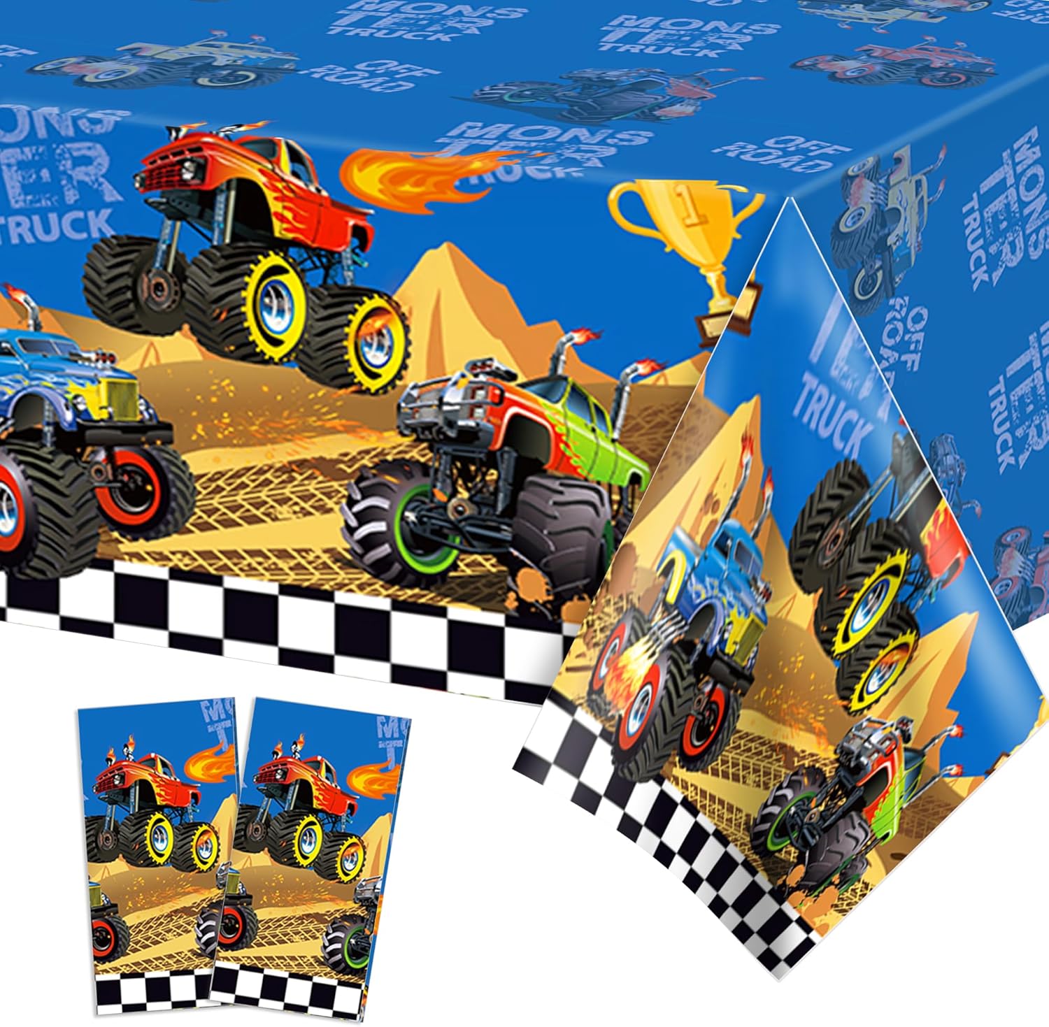 2 PCS Monster Truck Party Tablecloths 87 x 51 Rectangular Plastic Covers for Kids Parties and Decorations