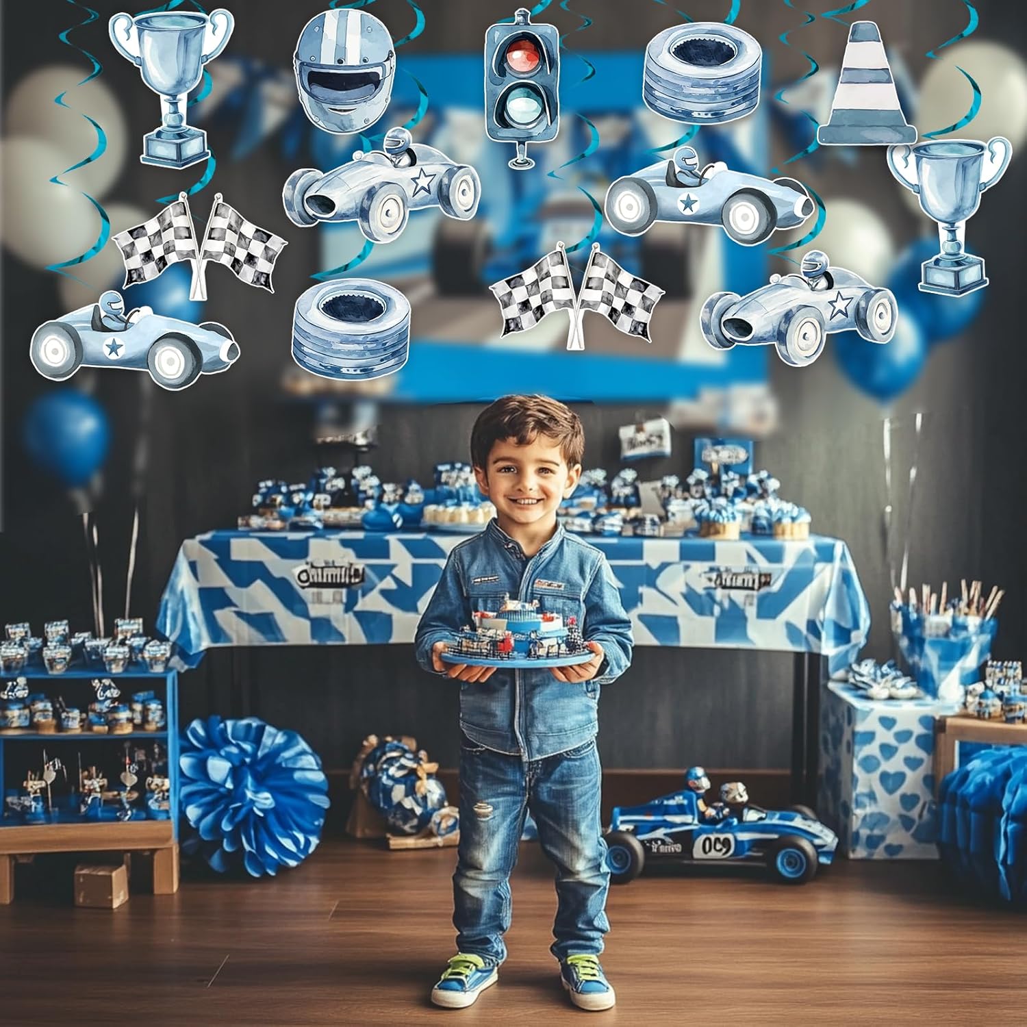 Funmemoir Blue Race Car Streamers - 24 Piece Set with Double Sided Print