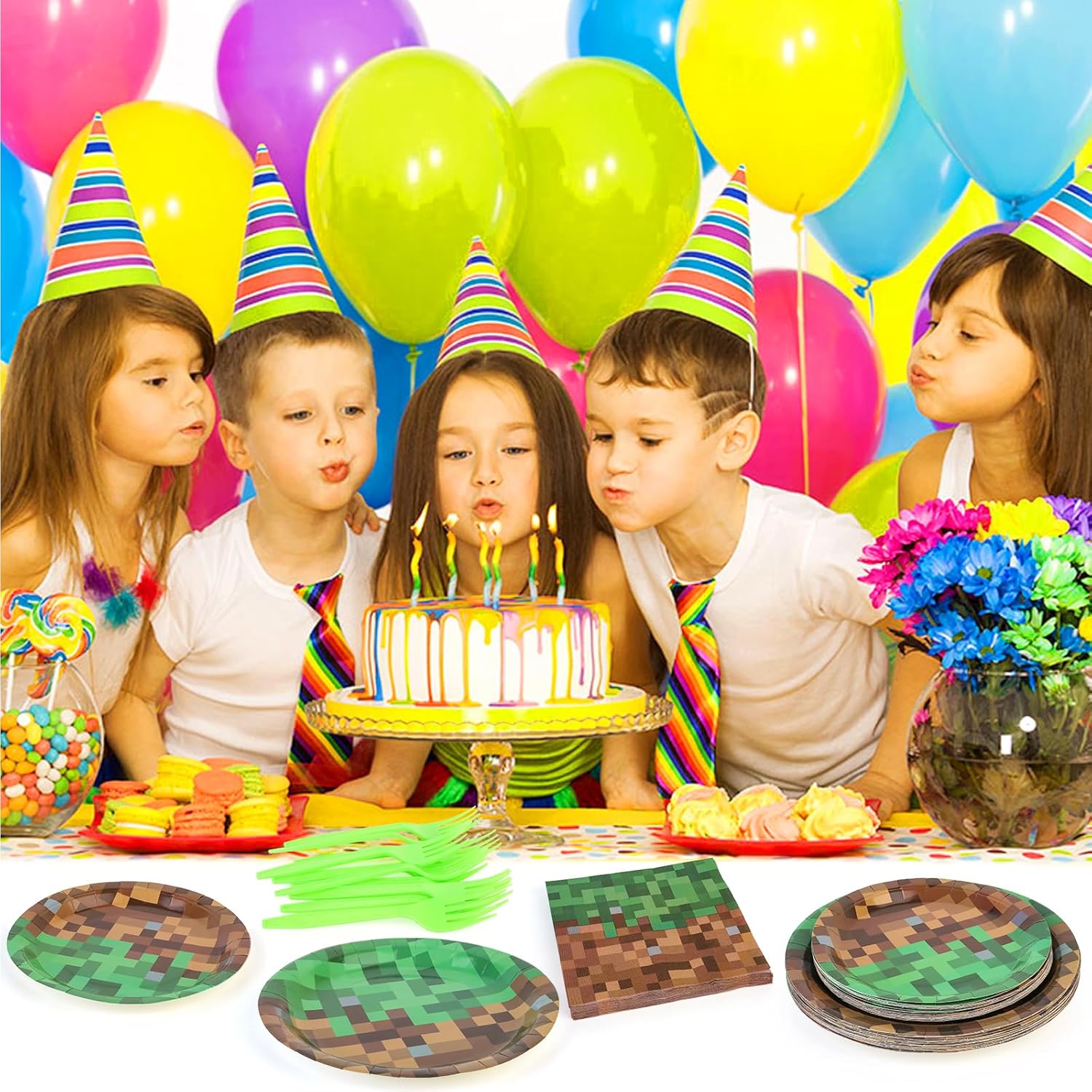 Pixel Gaming Party Supplies Set 100 PCS for 20 Guests