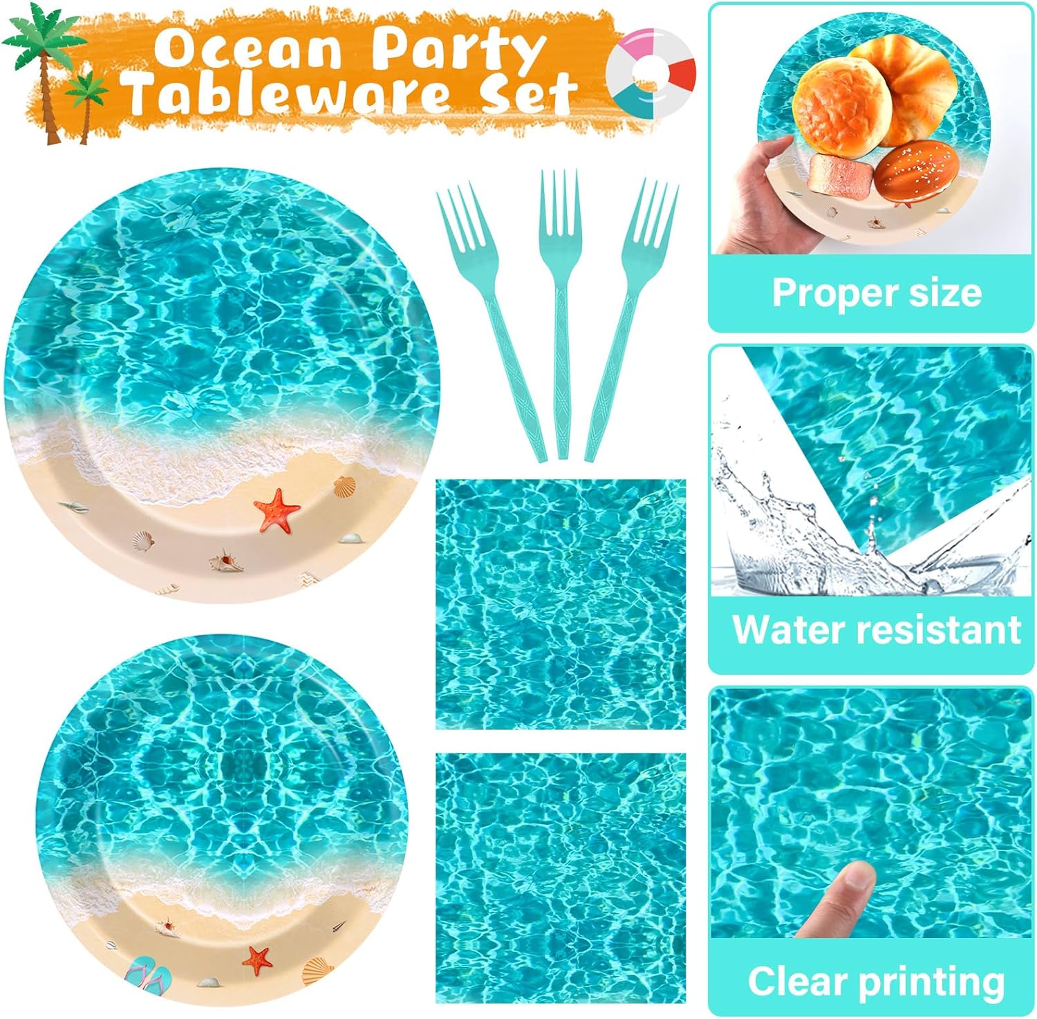 Summer Beach Party Supplies 98PCS Ocean Waves Tableware Set for 24 Guests