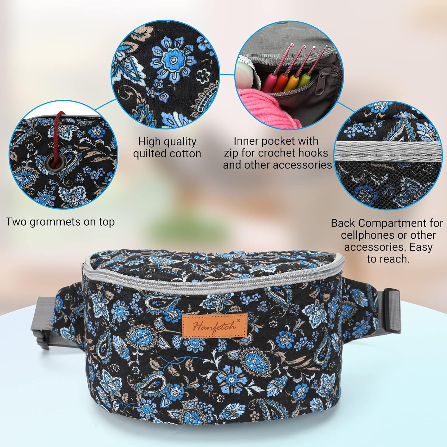Hanfetch Yarn Crossbody Waist Bag Organizer for Crochet Hooks and Yarn Skeins