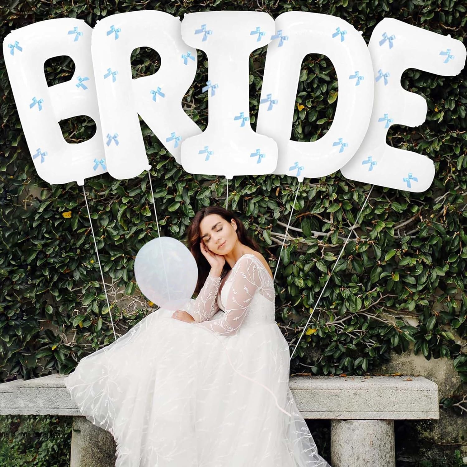 White Bride Balloons with Blue Bows and Iridescent Tattoos