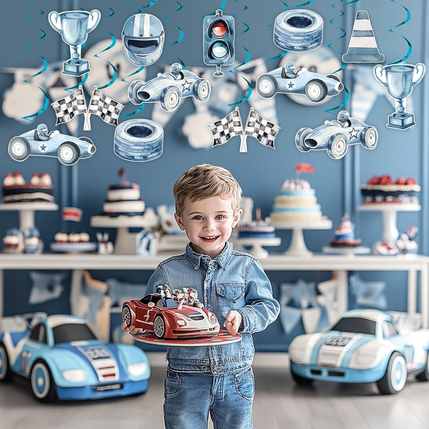 Funmemoir Blue Race Car Streamers - 24 Piece Set with Double Sided Print