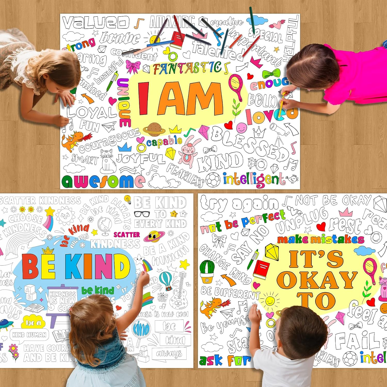 Set of 3 Giant Coloring Tablecloths with I Am Its Okay To Be Kind Theme