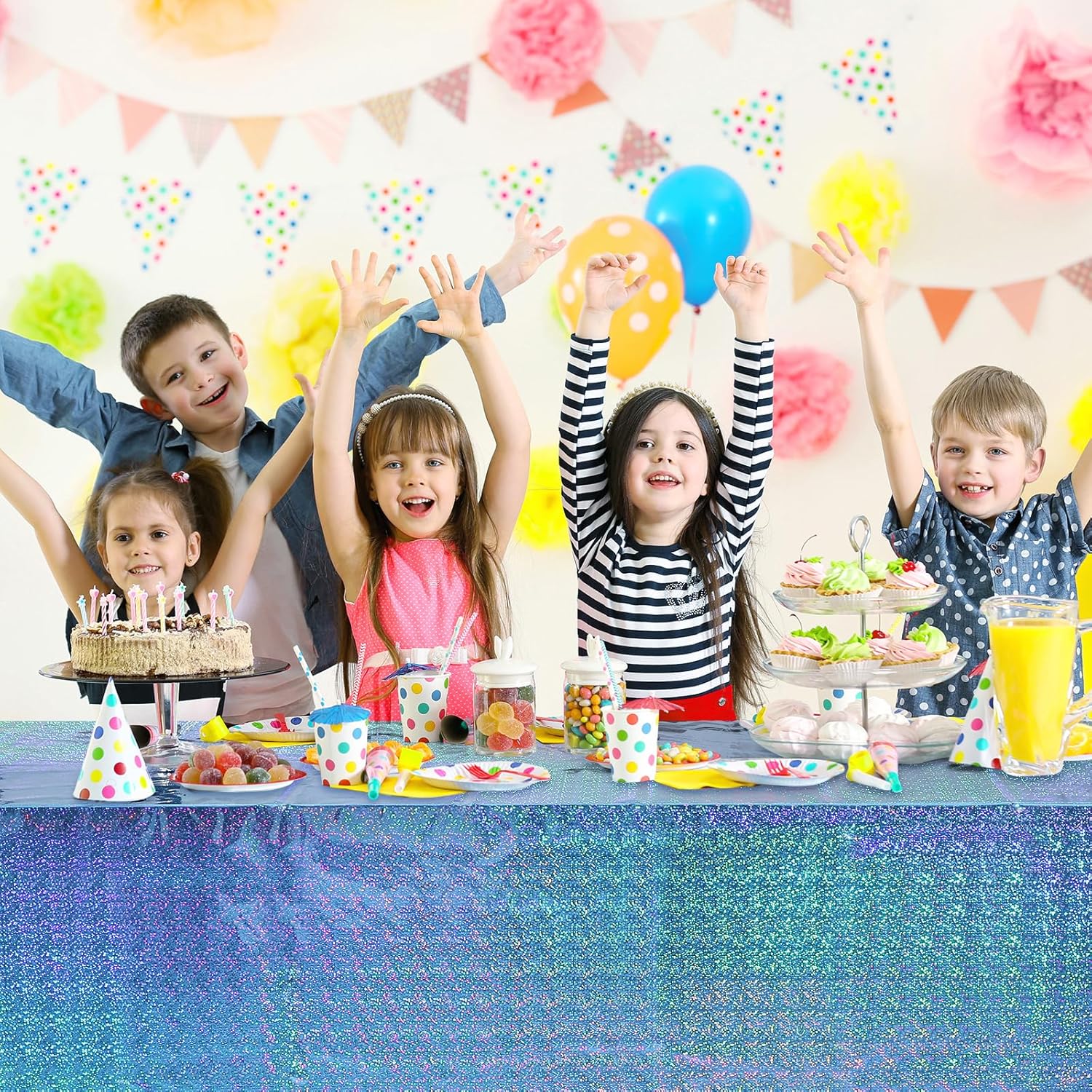 4 Pack Iridescent Blue Laser Tablecloths for Parties