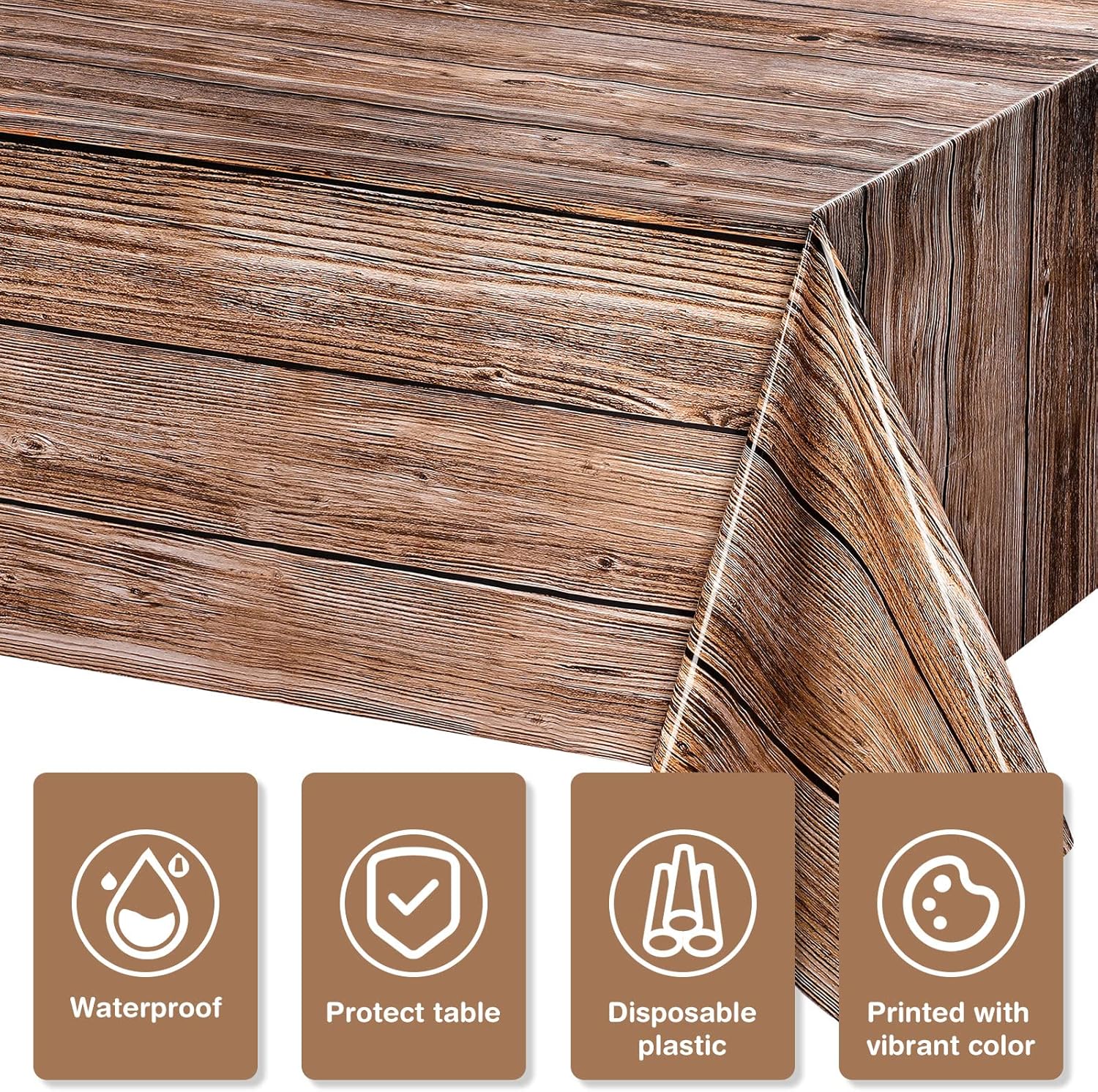 Tatuo 12-Pack Rustic Plastic Table Covers with Wood Grain