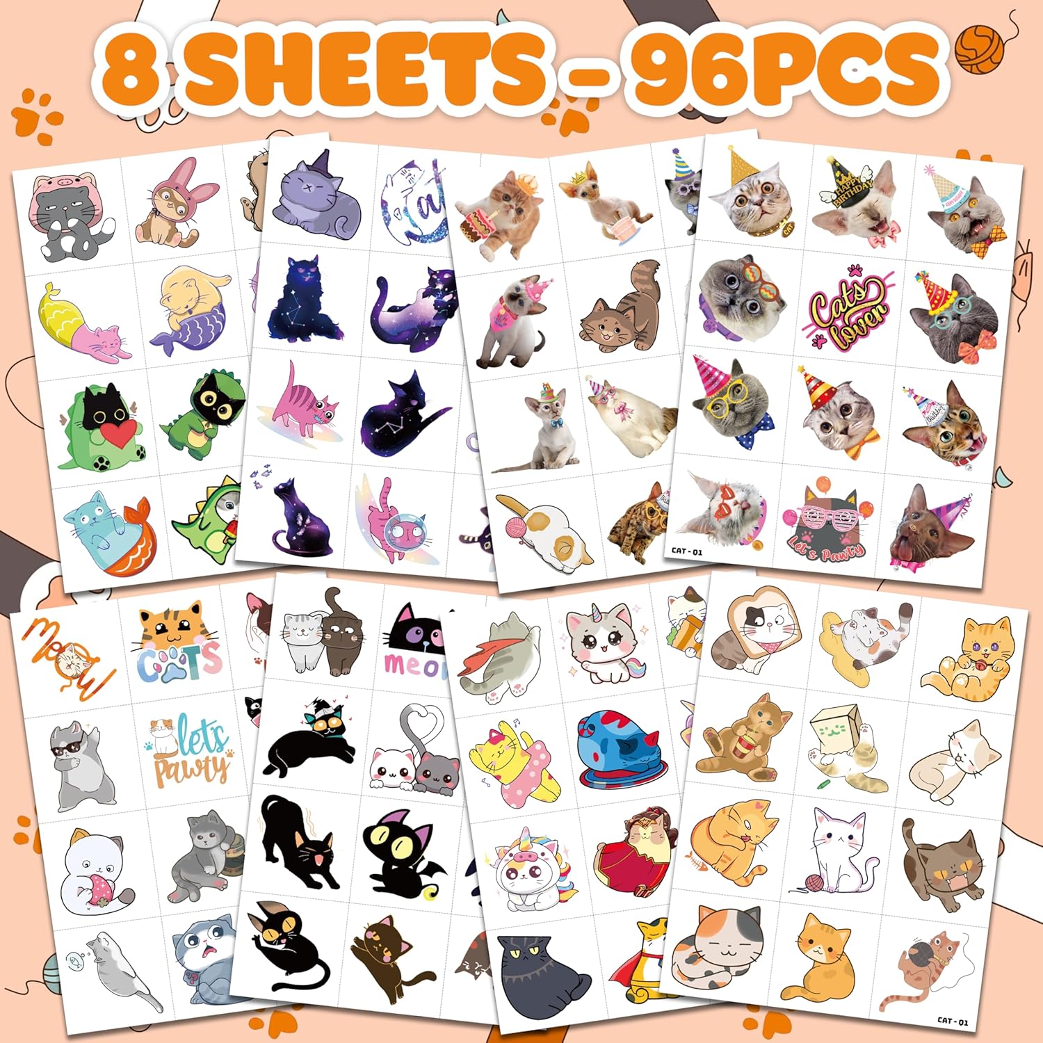 96PCS Cat Pet Animal Paw Temporary Tattoos for Kids