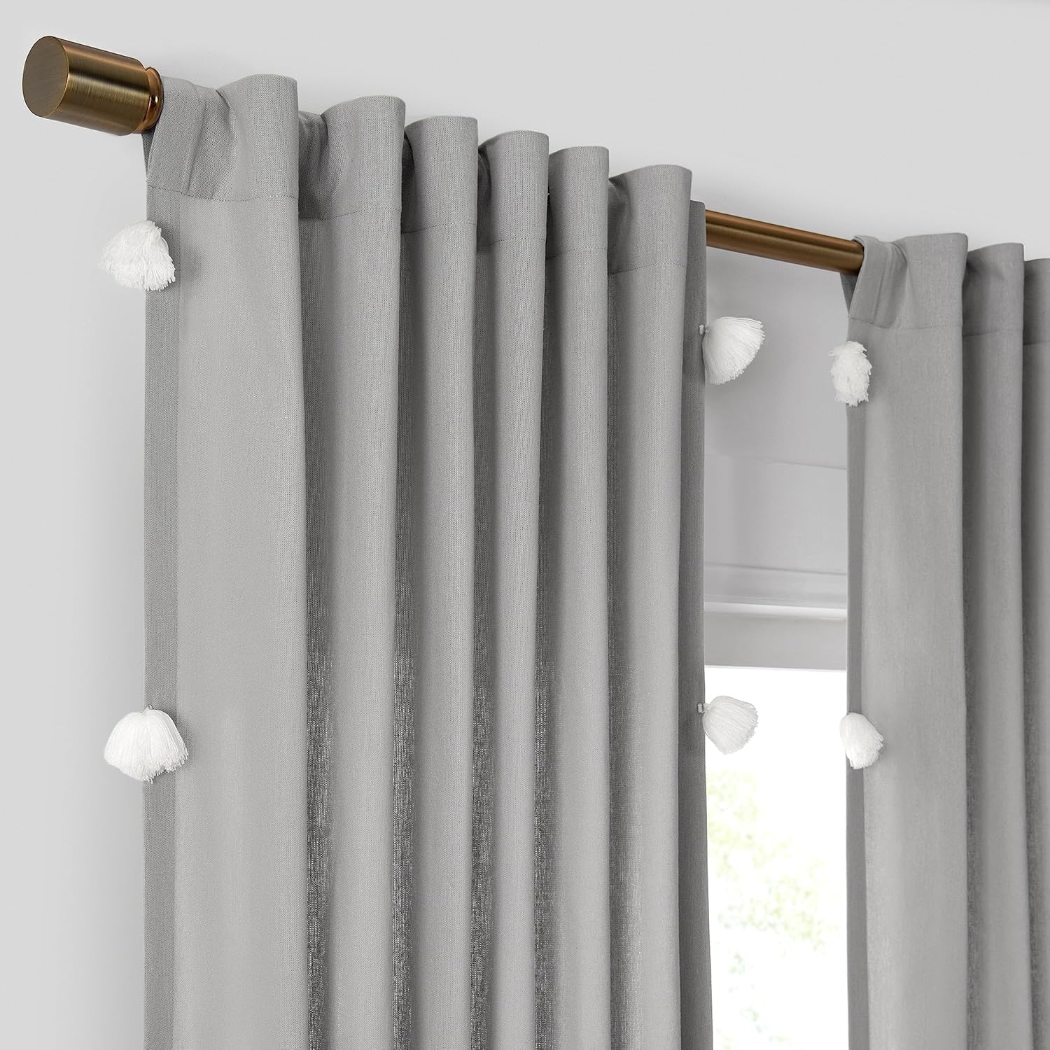 Mercantile Grey Light Filtering Curtain with Pom Poms 50x108