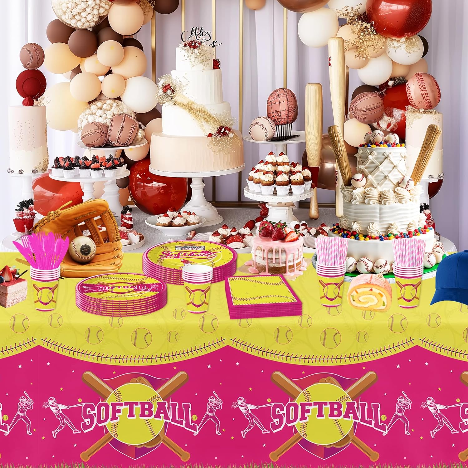 Softball Birthday Tablecloth Set 3 Pcs 54in x 108in