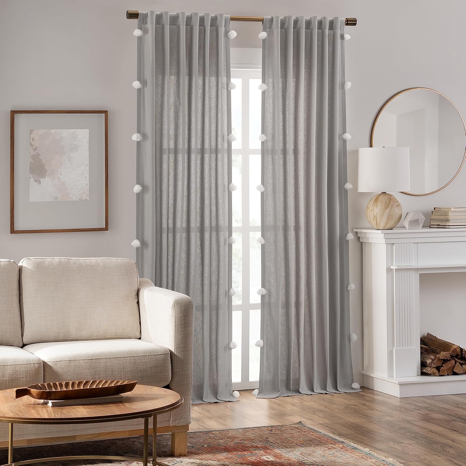 Mercantile Grey Light Filtering Curtain with Pom Poms 50x108