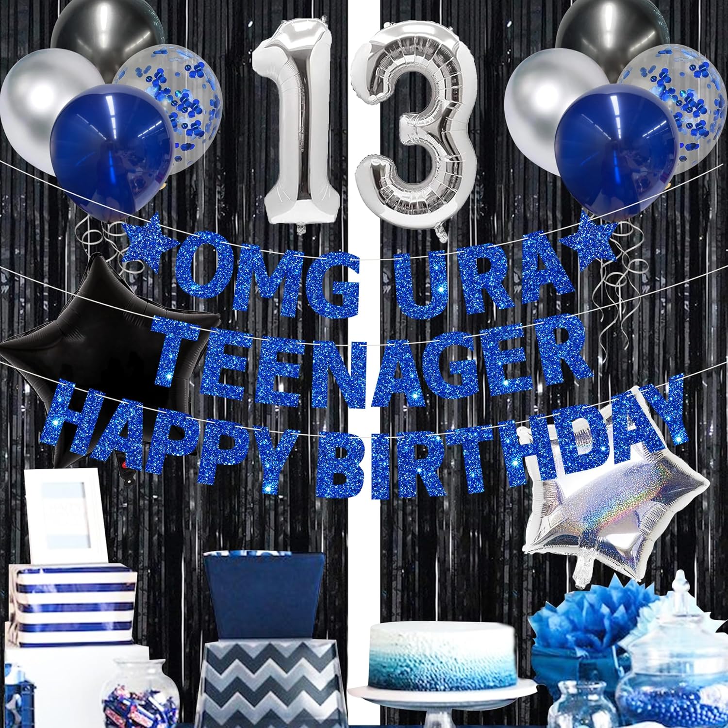 Navy Blue Teenager 13th Birthday Banner Decorations Set