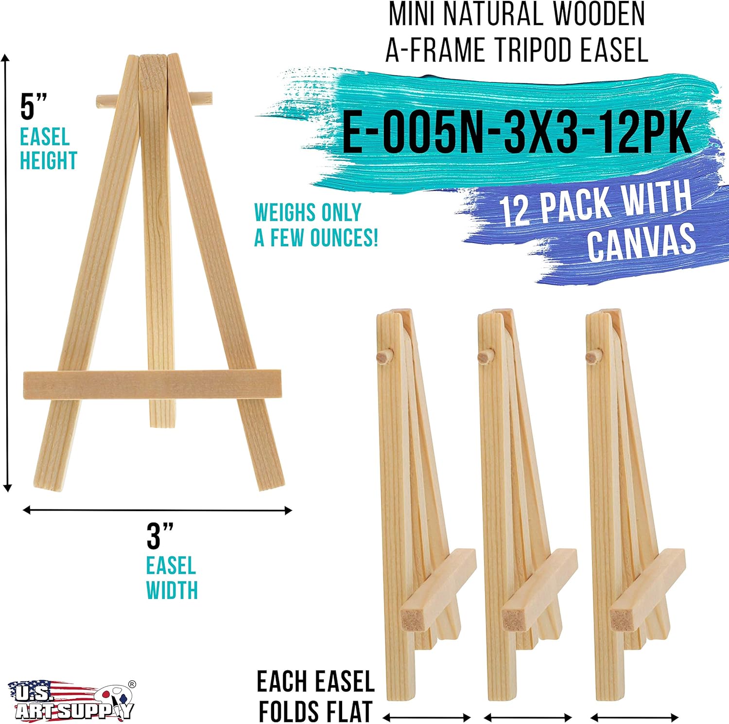 US Art Supply 3x3 Stretched Canvas with 5 Inch Mini Easel Kit 12 Pack