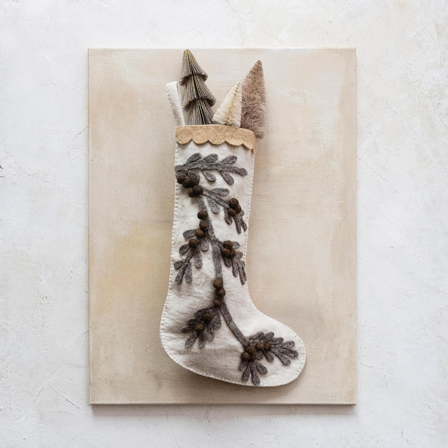 Creative Co Op Multicolor Wool Felt Stocking with Branch and Poms