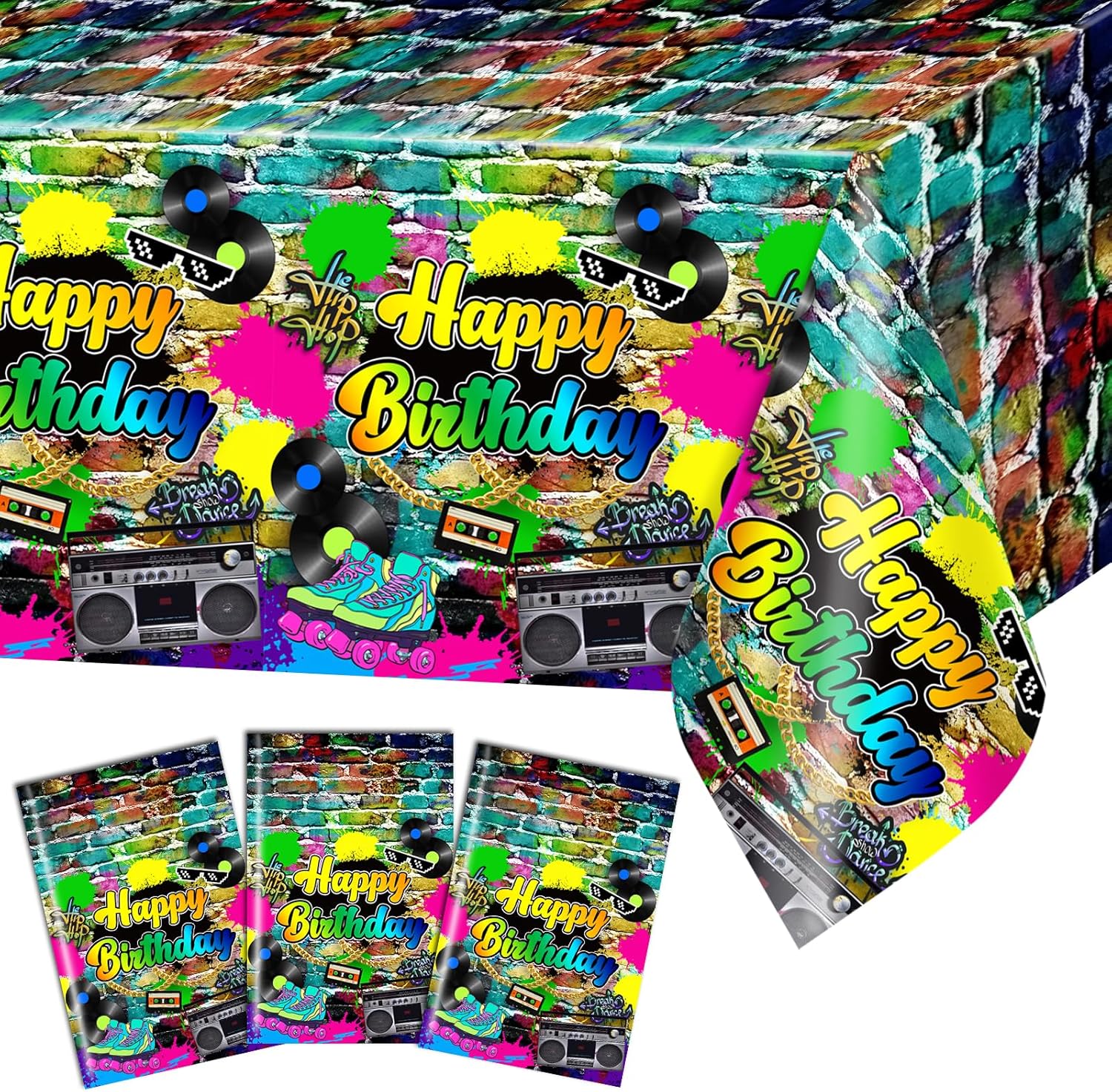 Avezano 3 Pcs 80s Hip Hop Party Tablecloth