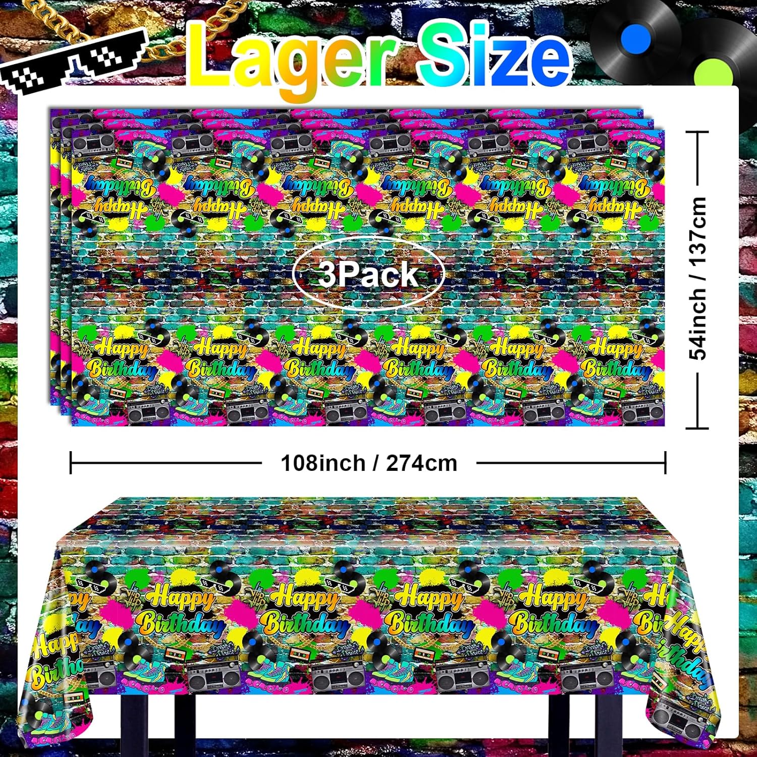 Avezano 3 Pcs 80s Hip Hop Party Tablecloth