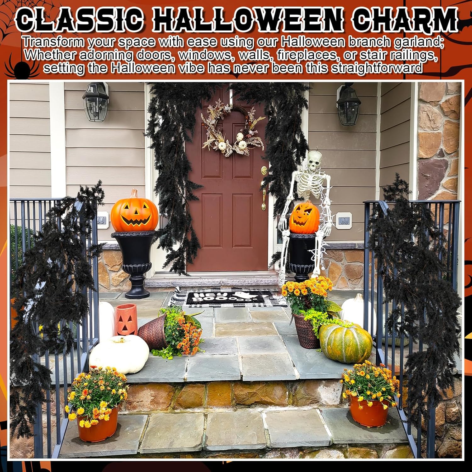 XunYee 6 Foot Black Halloween Garland for Home Decor