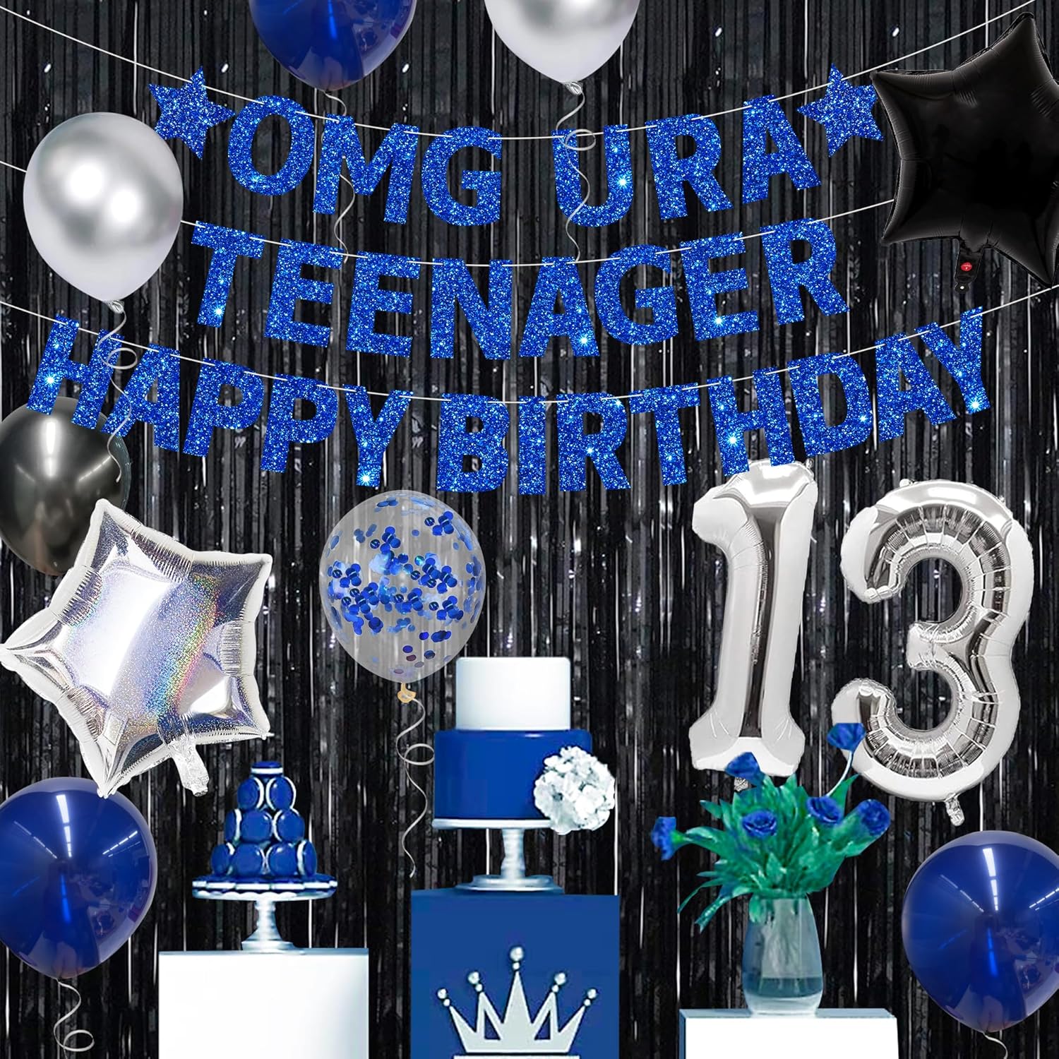 Navy Blue Teenager 13th Birthday Banner Decorations Set